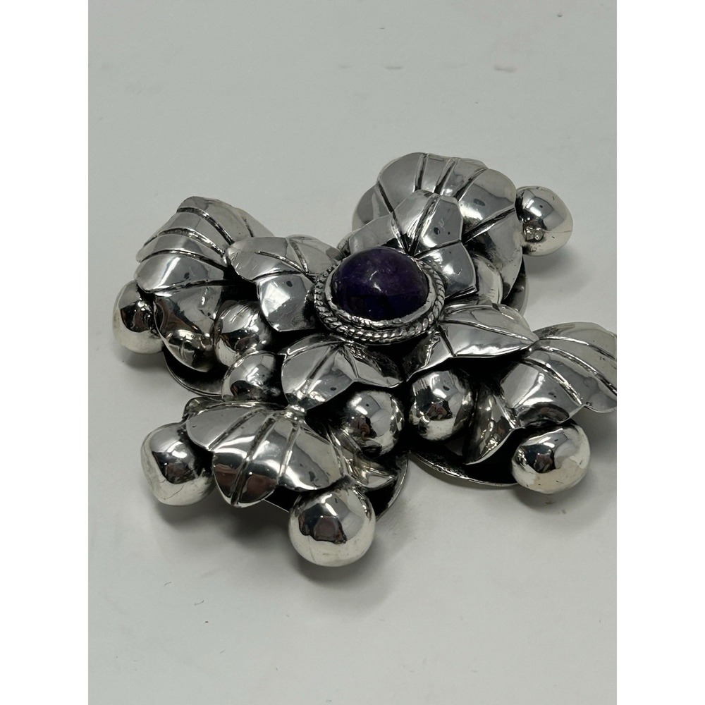 Vintage Mexican 925 Sterling Silver Amethyst Cross Pendant 62g Pre 1948 - Picture 9 of 16